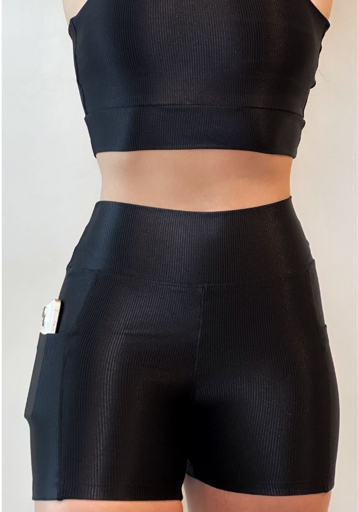 Shorts Bolso cor Preto Canelado Shorts Bolso cor Preto Canelado