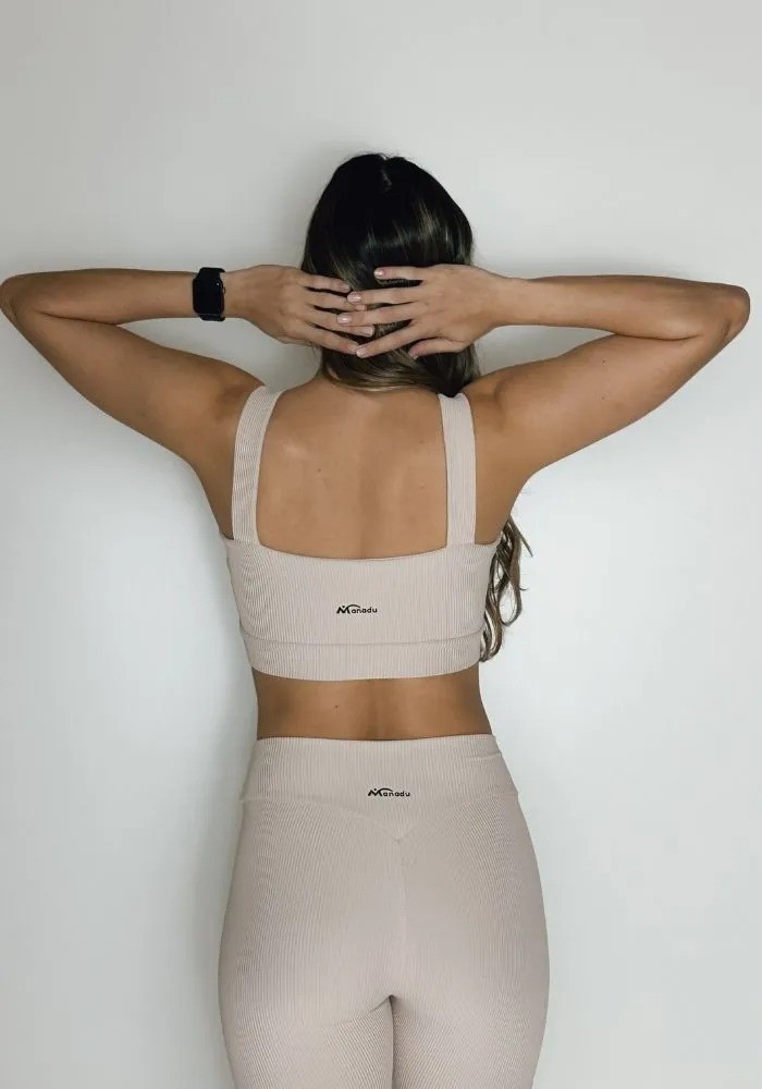 Conjunto Legging Eleve Nude Canelado + Top com Elastico na Alça