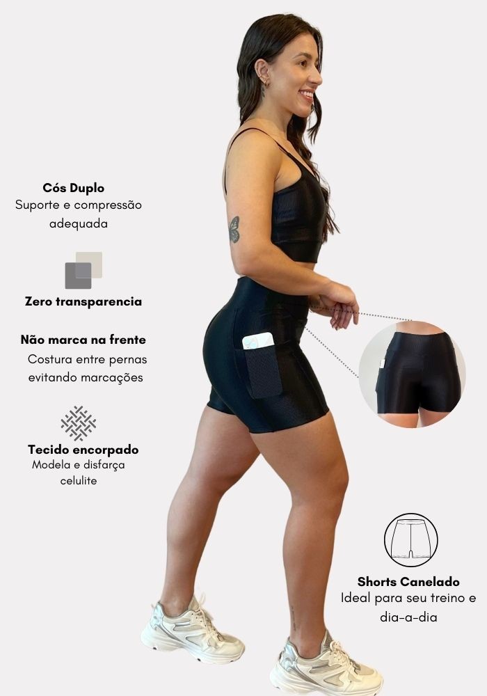 Shorts Bolso cor Preto Canelado Shorts Bolso cor Preto Canelado