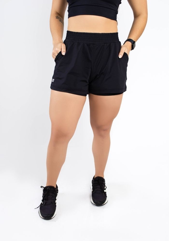 Conjunto Shorts Sobreposto Preto+ Top Alça Larga com Elástico Conjunto Shorts Sobreposto Preto+ Top Alça Larga com Elástico