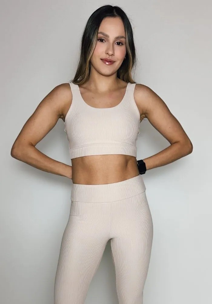 Conjunto Legging Eleve Nude Canelado + Top com Elastico na Alça