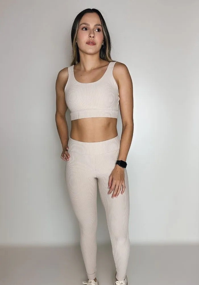 Conjunto Legging Eleve Nude Canelado + Top com Elastico na Alça