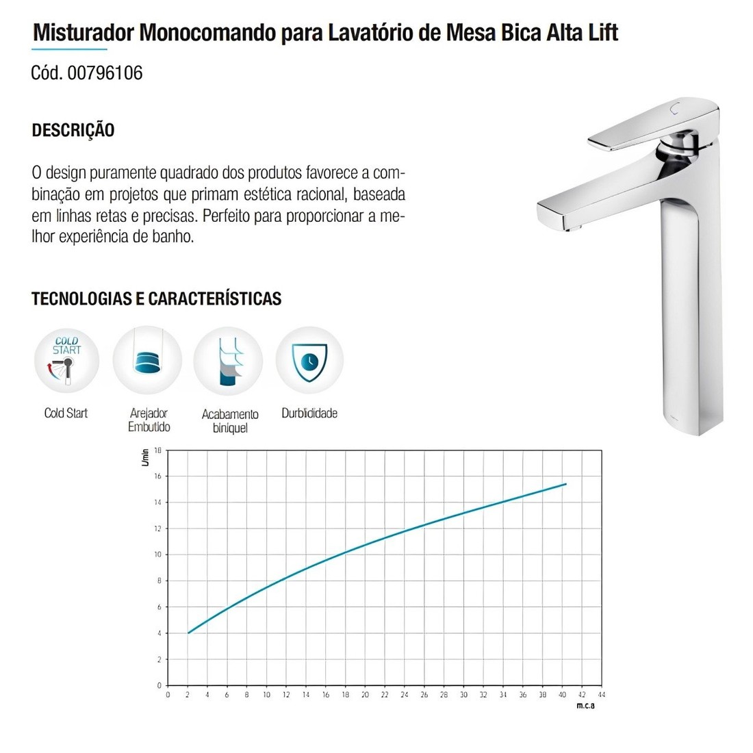 Torneira Misturador Monocomando Bica Alta Lift 00796106 Torneira Misturador Monocomando Bica Alta Lift 00796106