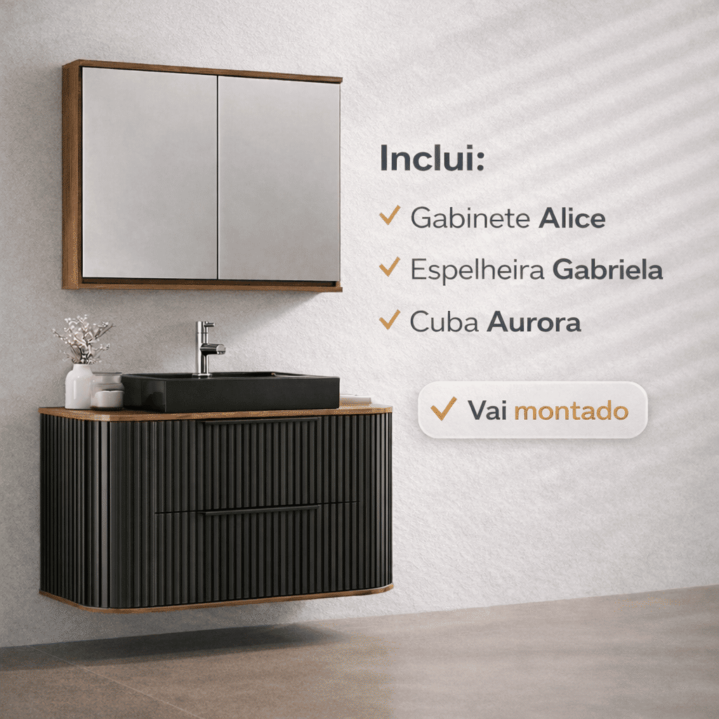 Kit Conjunto de Balcão Para Banheiro Alice 100cm Suspenso Preto Fabribam Kit Conjunto de Balcão Para Banheiro Alice 100cm Suspenso Preto Fabribam