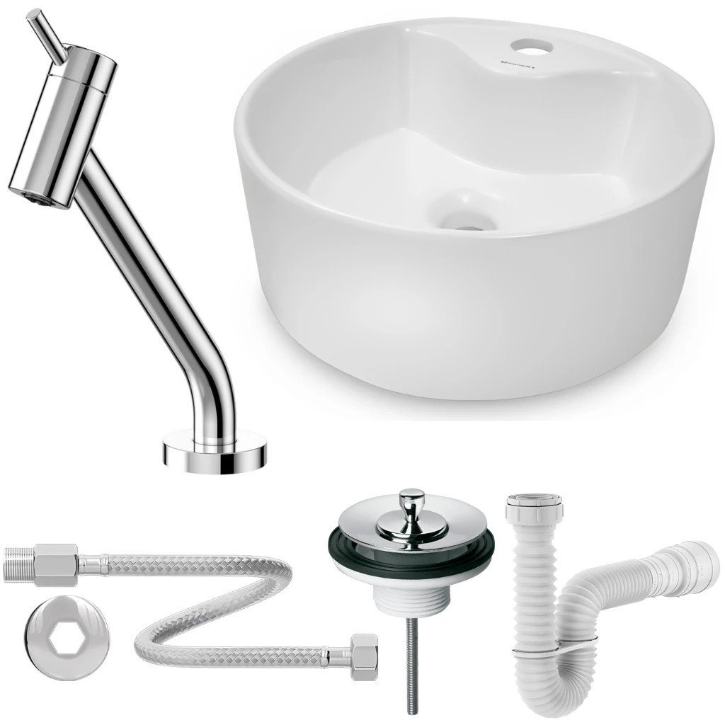 Cuba de Apoio Redonda 36x14cm Com Torneira Lóggica e Kit Instalação Cuba de Apoio Redonda 36x14cm Com Torneira Lóggica e Kit Instalação