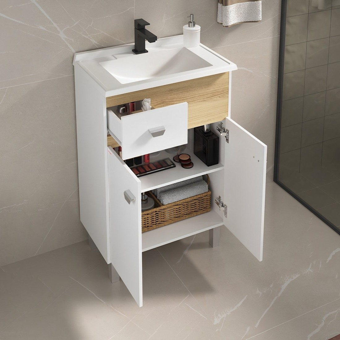 Kit Conjunto de Balcão Para Banheiro Pop 60cm Branco/Carvalho Fabribam Kit Conjunto de Balcão Para Banheiro Pop 60cm Branco/Carvalho Fabribam