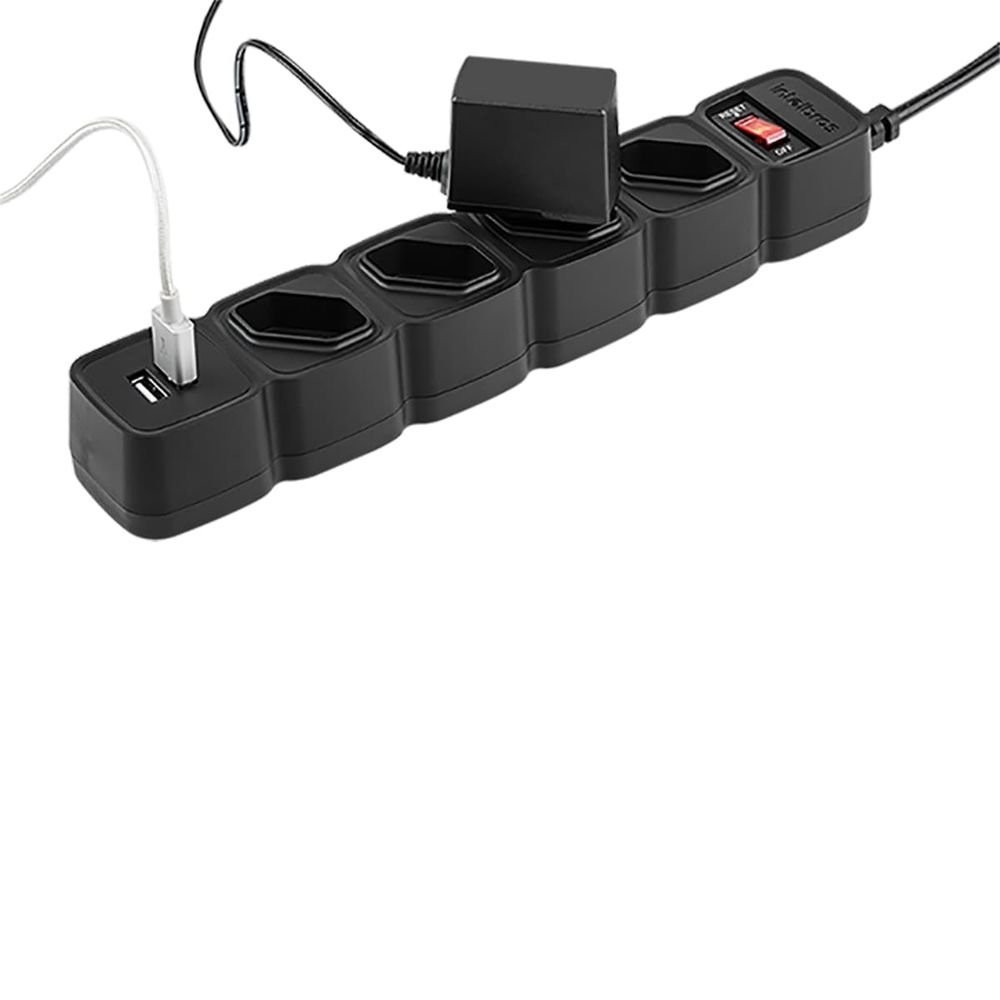 Protetor Eletronico Com 4 Tomadas e 2 Portas USB Preto