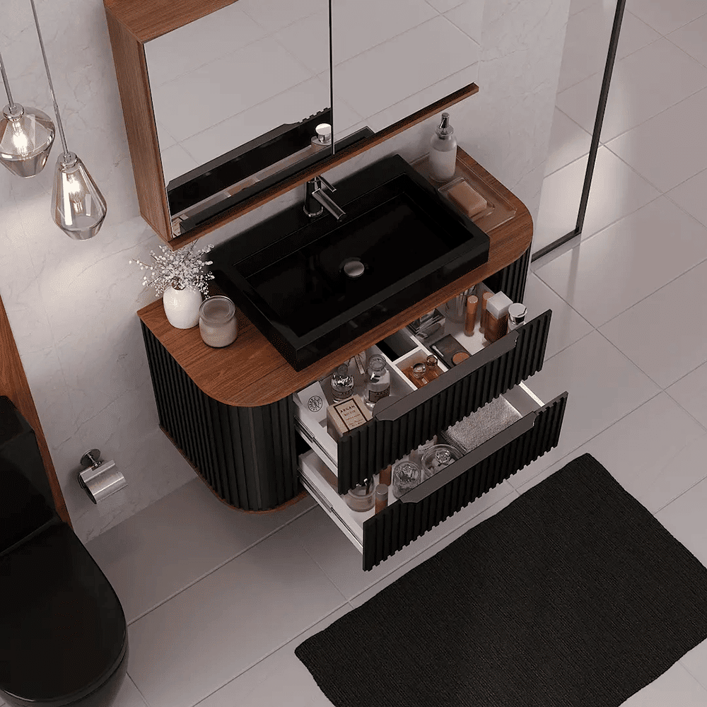 Kit Conjunto de Balcão Para Banheiro Alice 100cm Suspenso Preto Fabribam Kit Conjunto de Balcão Para Banheiro Alice 100cm Suspenso Preto Fabribam