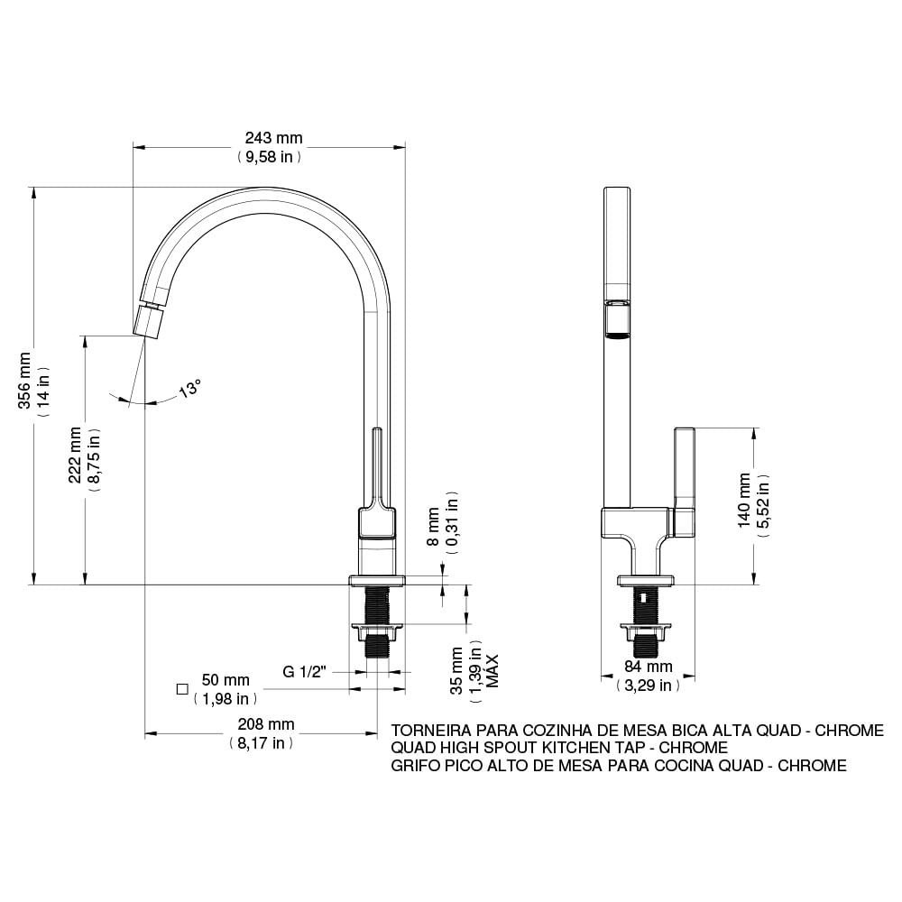 Torneira De Mesa Para Cozinha Bica Alta Quad Cromada Docol 90007118006