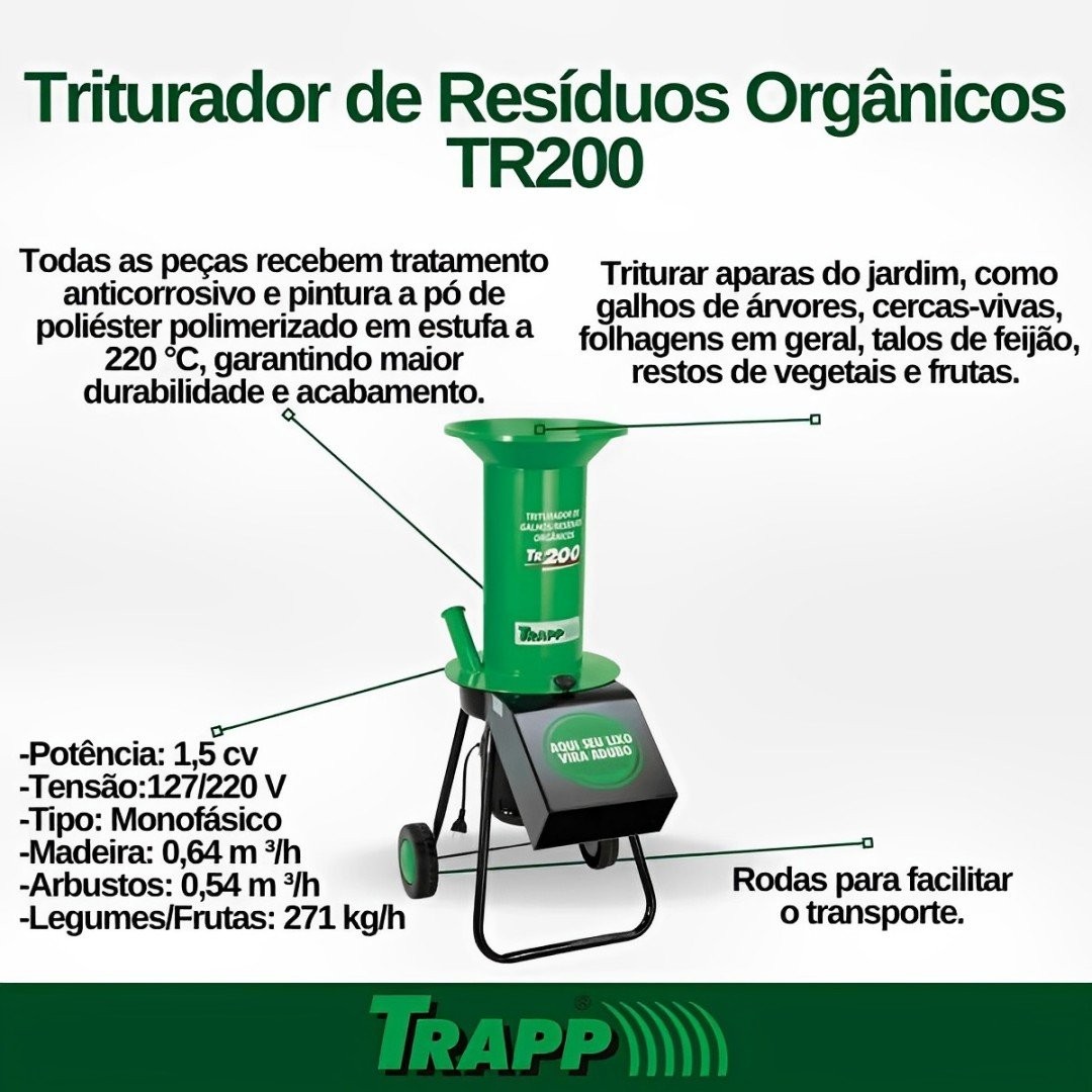 Triturador de Resíduos Orgânicos TR-200 Com Motor 1.5 HP Monofásico Bivolt 127V/220V