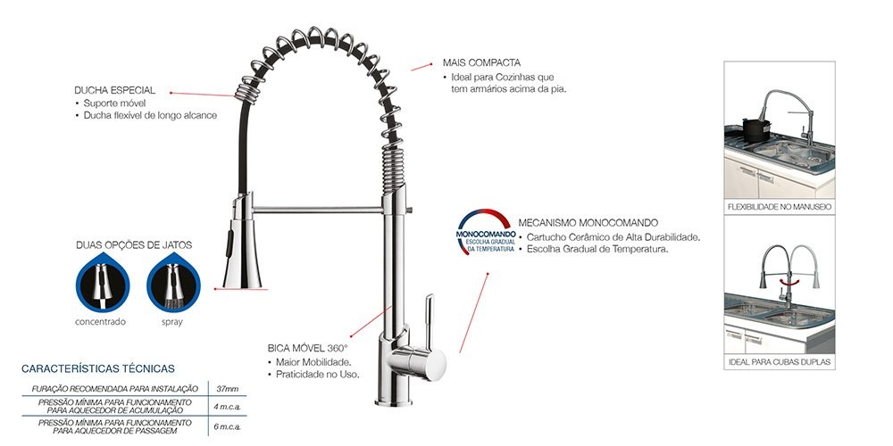 Misturador Monocomando De Mesa Com Ducha Loren Kitchen 2266 C76