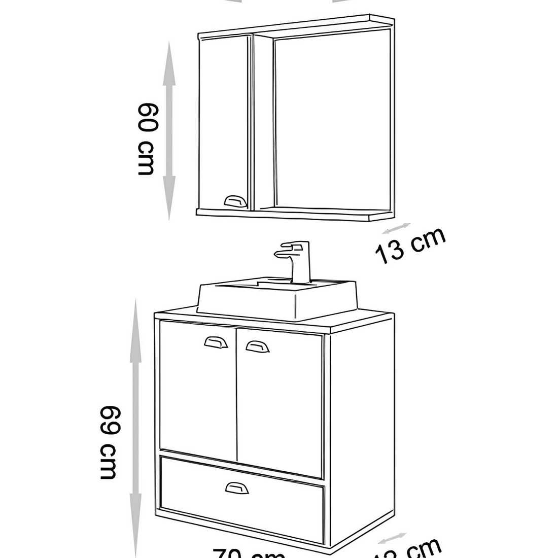 Kit Conjunto de Balcão Para Banheiro Santorini 70cm Antiqua/Preto Suspenso Fabribam