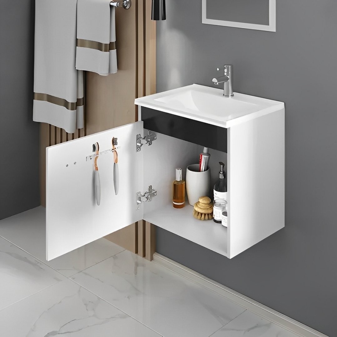 Kit Conjunto de Balcão Para Banheiro Econômico 60cm Branco/Preto Suspenso Fabribam Kit Conjunto de Balcão Para Banheiro Econômico 60cm Branco/Preto Suspenso Fabribam