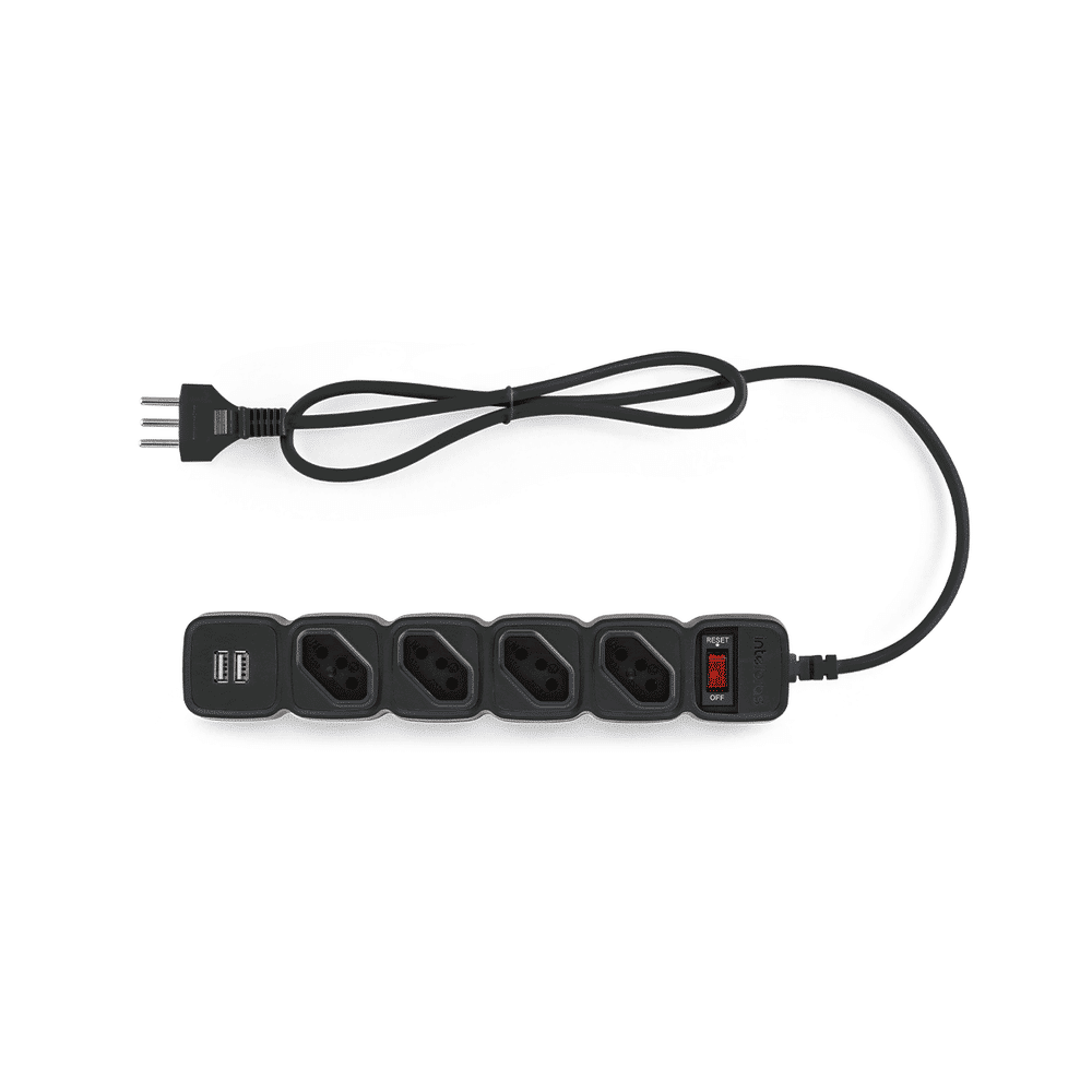 Protetor Eletronico Com 4 Tomadas e 2 Portas USB Preto