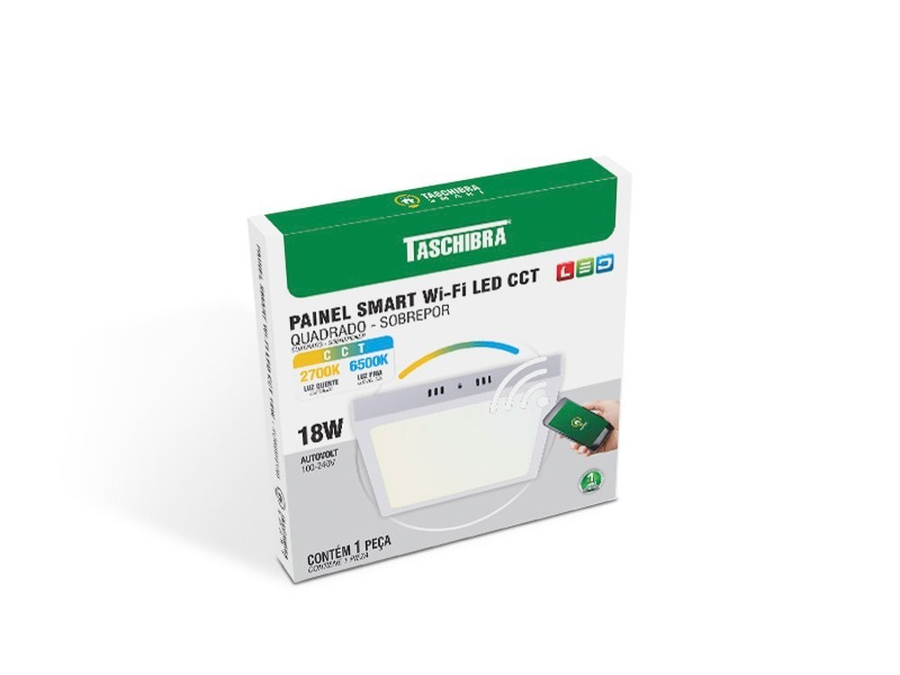 Painel Smart Wi-fi Led 18W Quadrado Sobrepor CCT Taschibra Bivolt 110V/220V