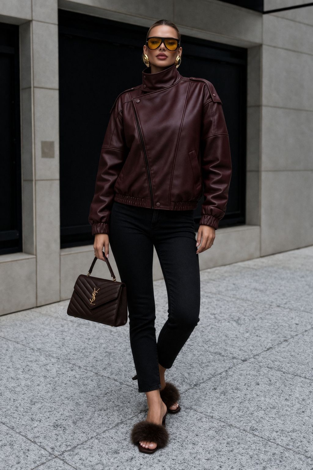 Tamanco de salto marrom com pelo Tamanco de salto marrom com pelo