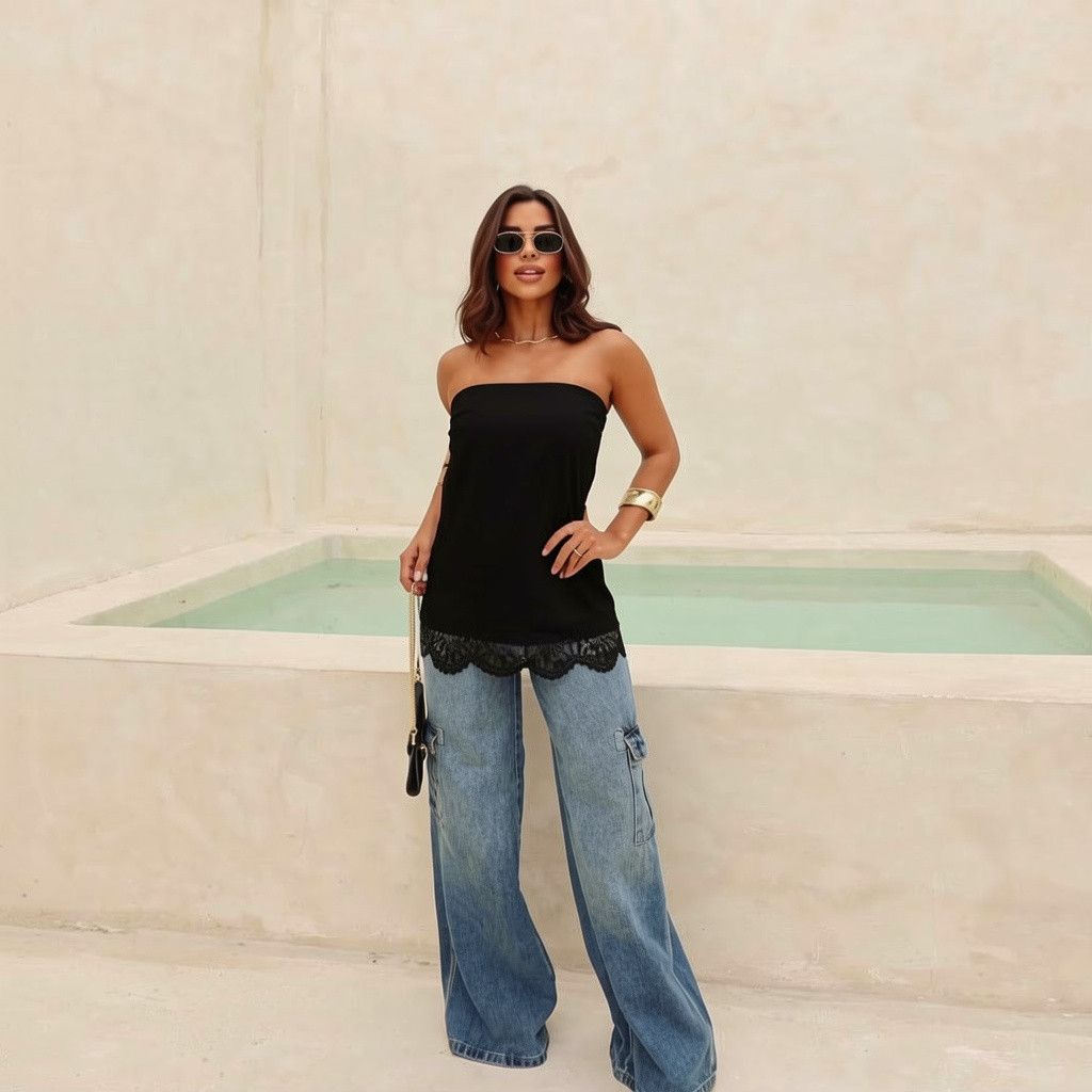 Blusa tomara que caia preta em cetim com barra de renda Blusa tomara que caia preta em cetim com barra de renda