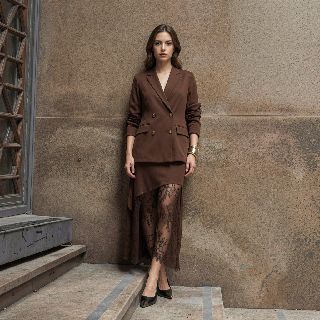 Conjunto blazer e saia detalhe de renda marrom Conjunto blazer e saia detalhe de renda marrom