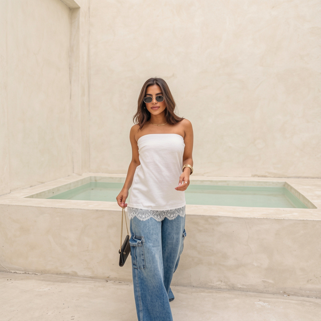 Blusa tomara que caia branca em cetim com barra de renda Blusa tomara que caia branca em cetim com barra de renda