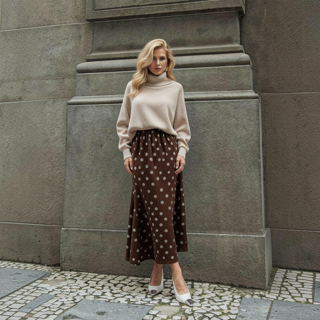 Saia midi estampa poá marrom Saia midi estampa poá marrom