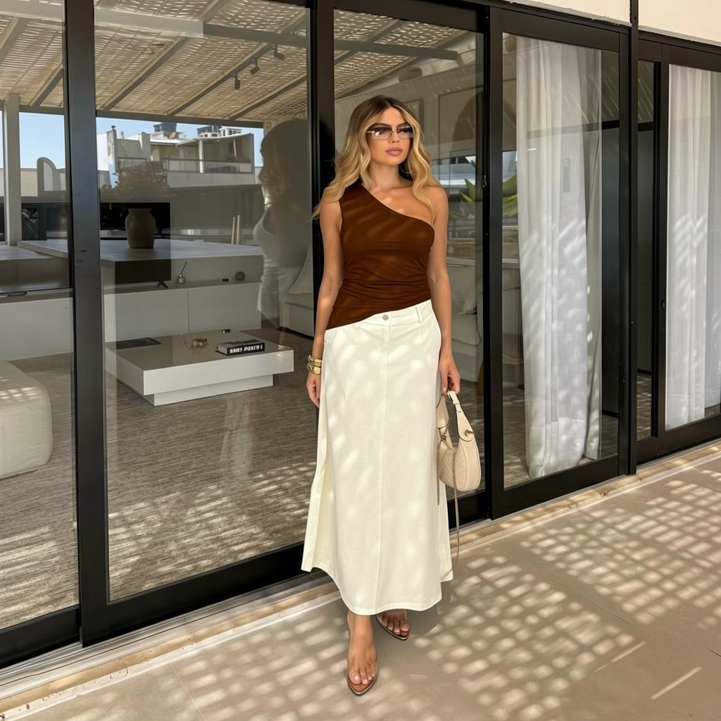 Blusa de um ombro só em poliamida marrom Blusa de um ombro só em poliamida marrom