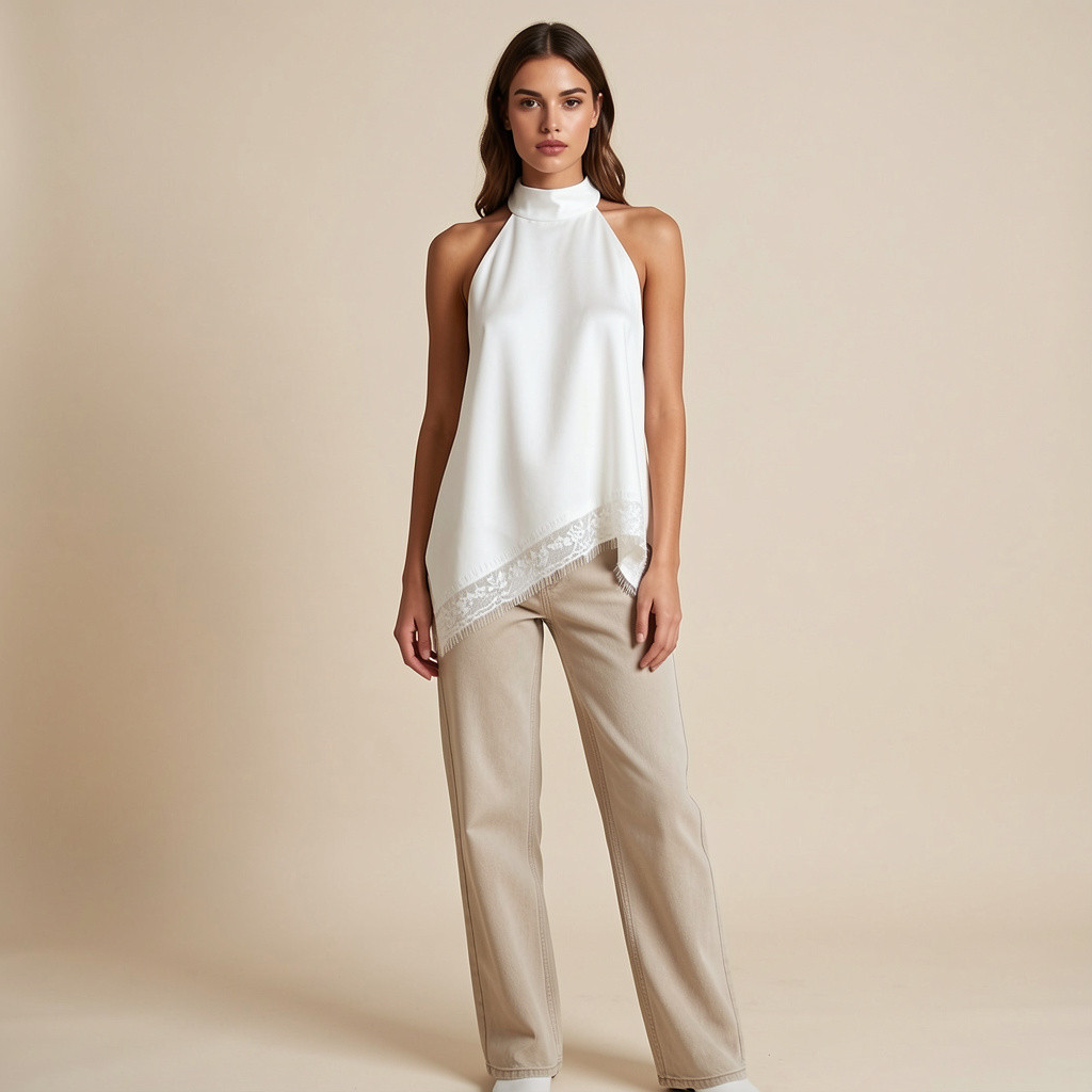 Blusa frente única detalhe em renda branca Blusa frente única detalhe em renda branca