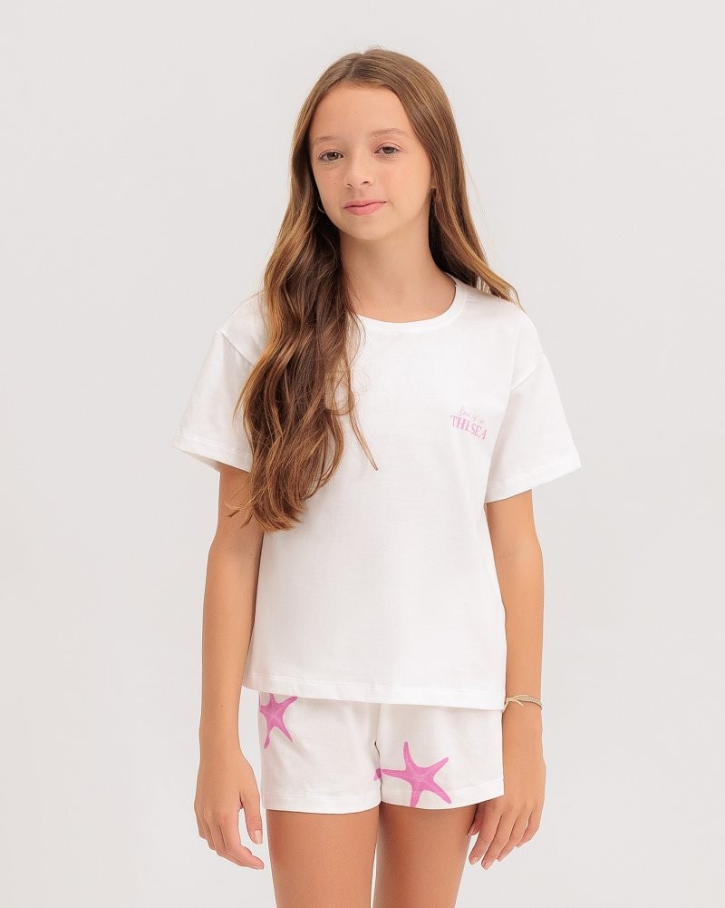 Pijama Infantil Feminino Manga Curta Com Shorts