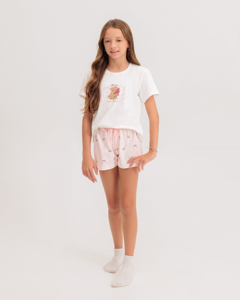 Pijama Infantil Feminino Manga Curta Com Shorts