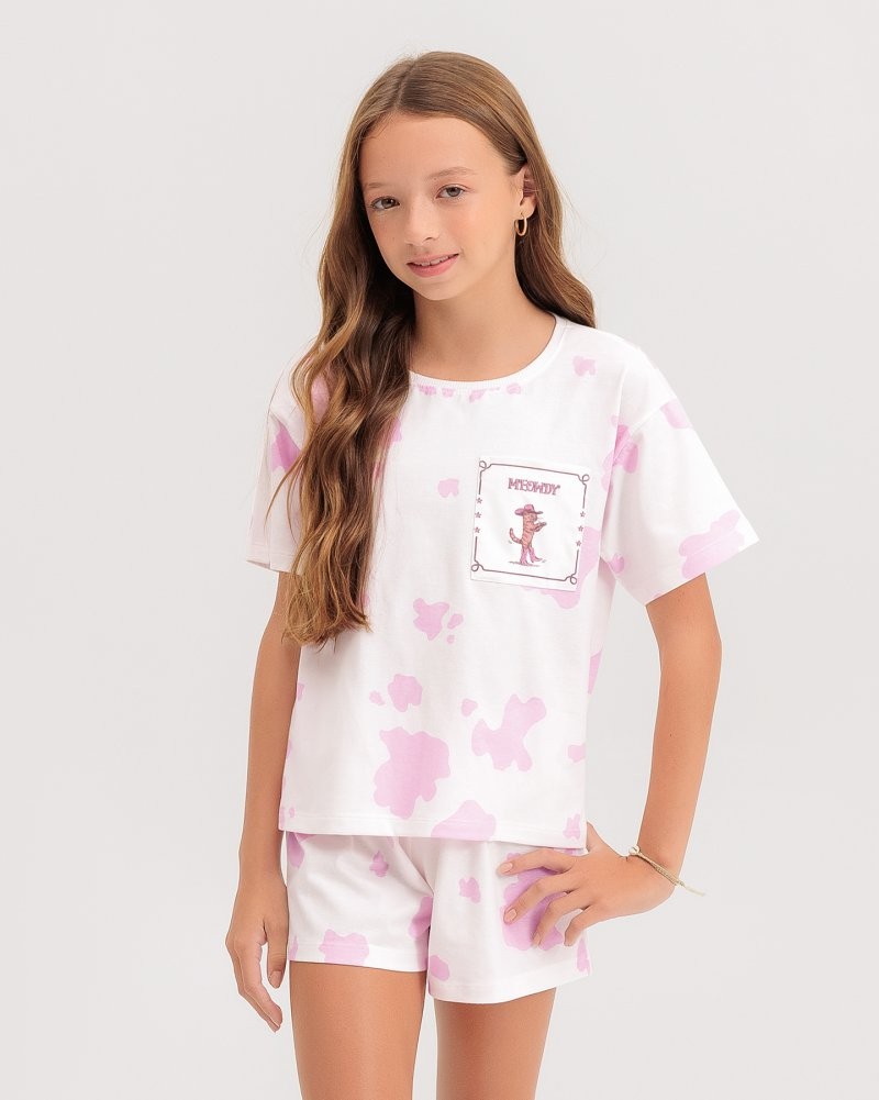 Pijama Infantil Feminino Manga Curta Com Shorts