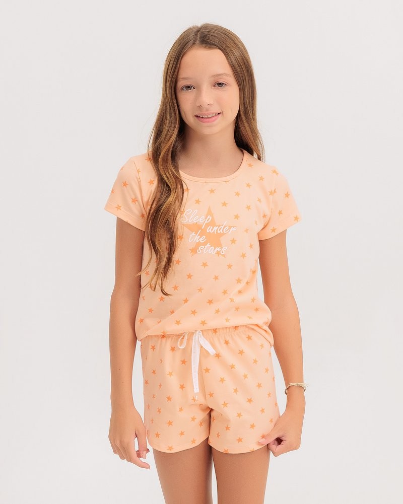 Pijama Infantil Feminino Manga Curta Com Shorts