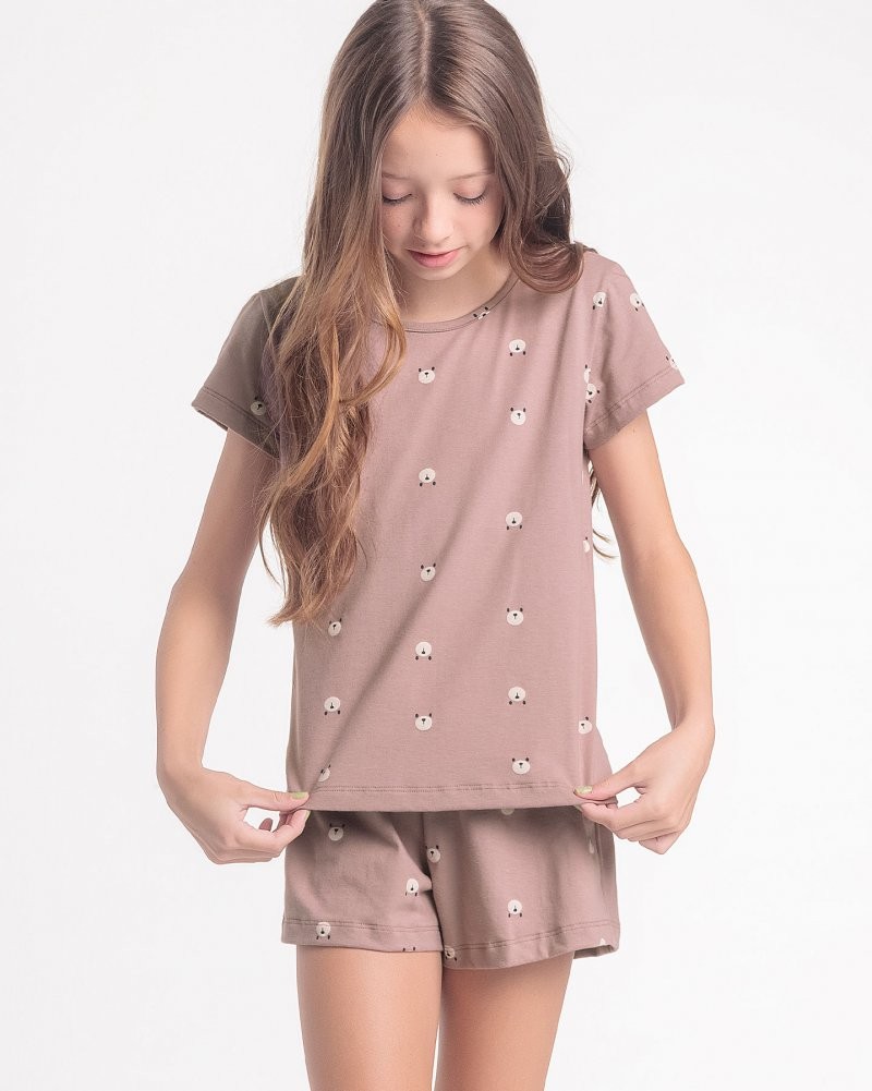 Pijama Infantil Feminino Manga Curta Com Shorts