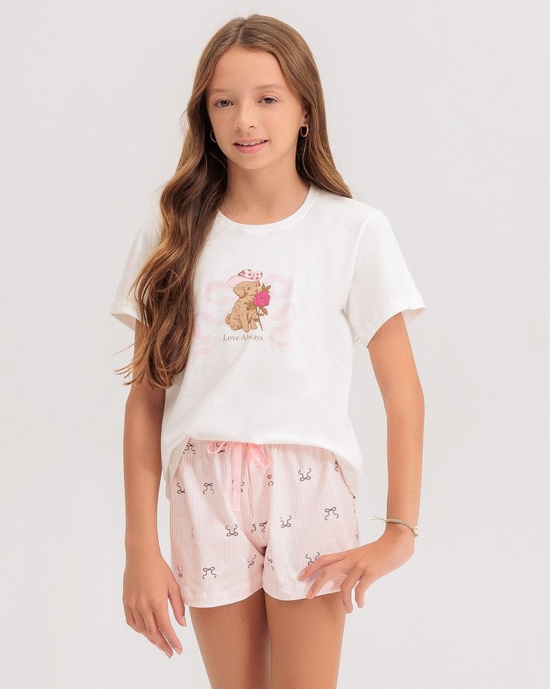 Pijama Infantil Feminino Manga Curta Com Shorts