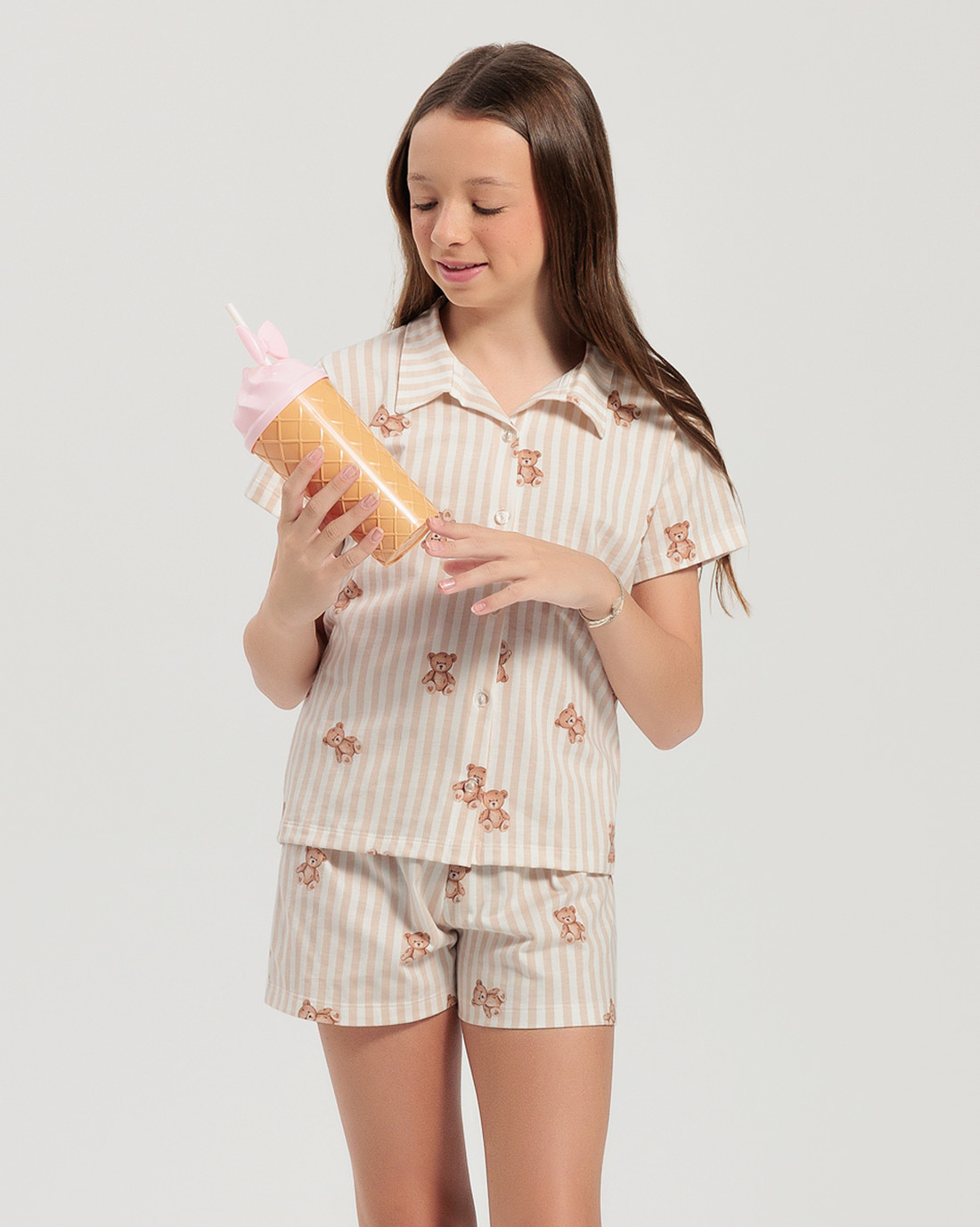 Pijama Feminino Infantil Manga Curta Americano Com Calça