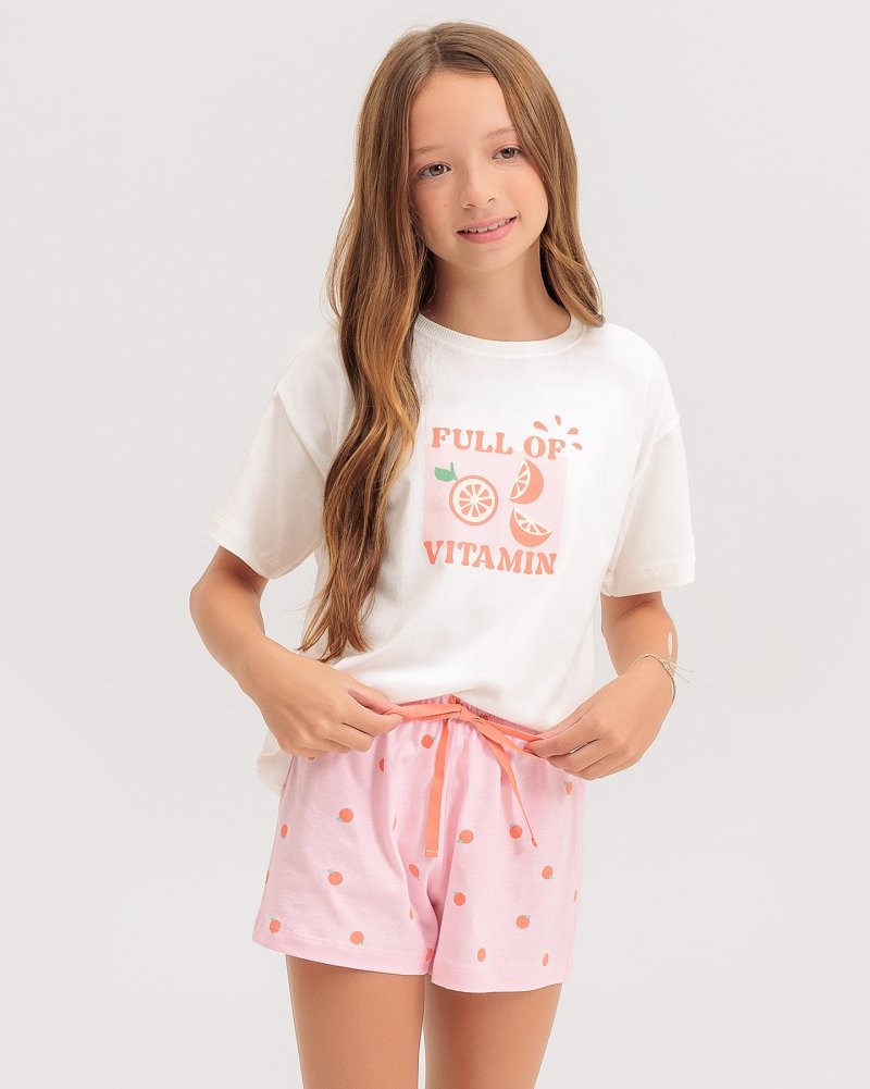 Pijama Infantil Feminino Manga Curta Com Shorts