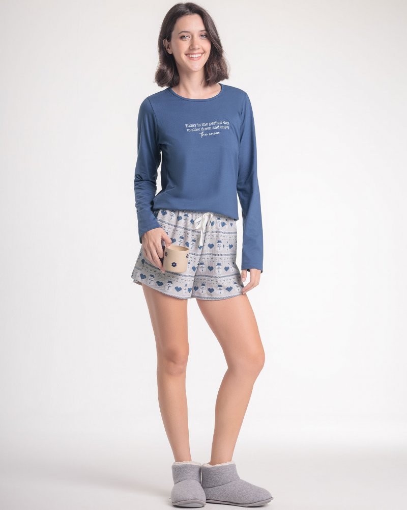 Pijama Feminino Manga Longa Com Shorts