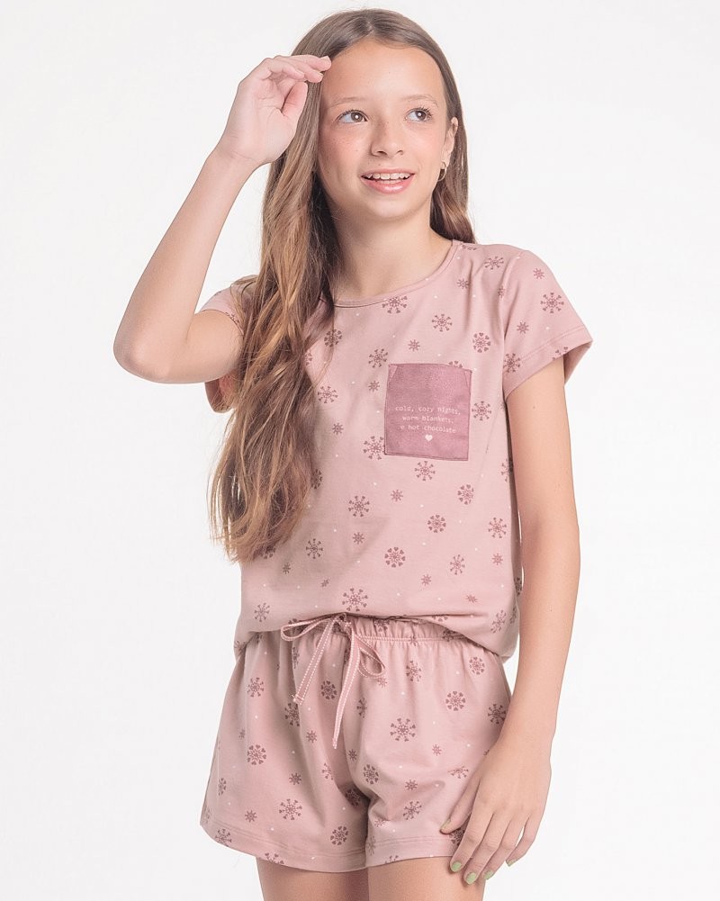 Pijama Infantil Feminino Manga Curta Com Shorts