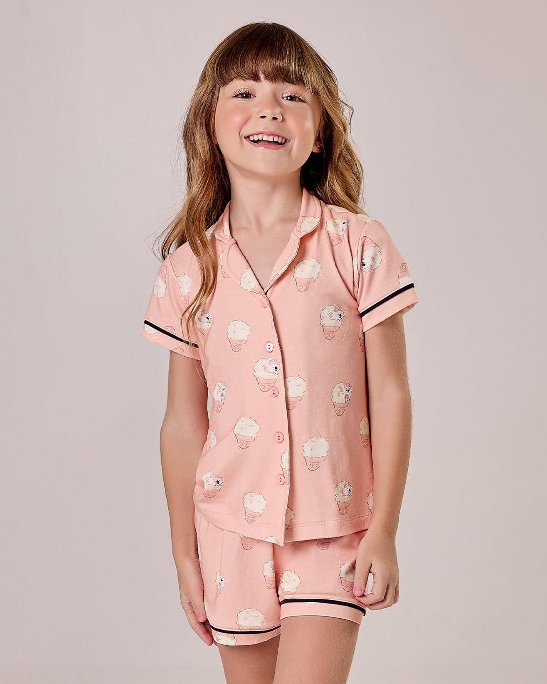 Pijama Feminino Infantil Manga Curta  Americano Com Shorts