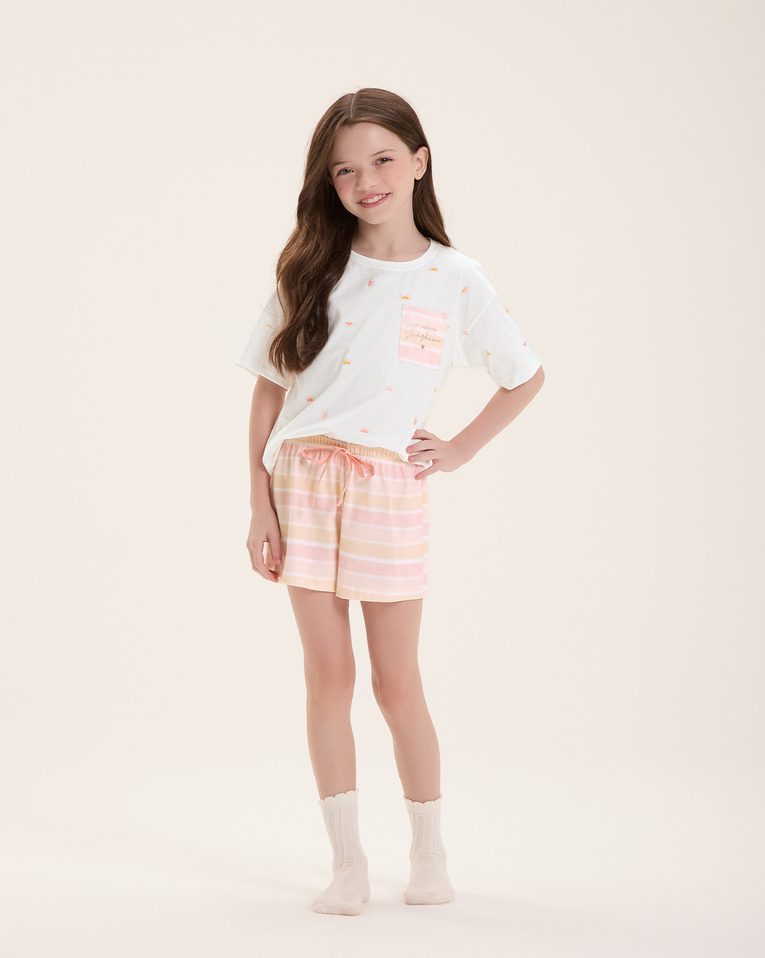 Pijama Infantil Feminino Manga Curta Com Shorts