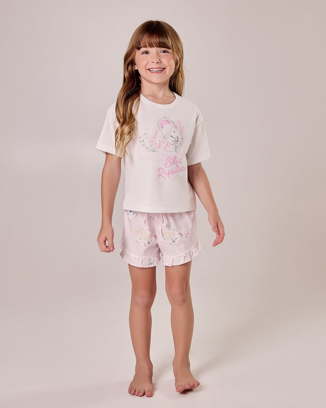Pijama Feminino Infantil Manga Curta Com Shorts