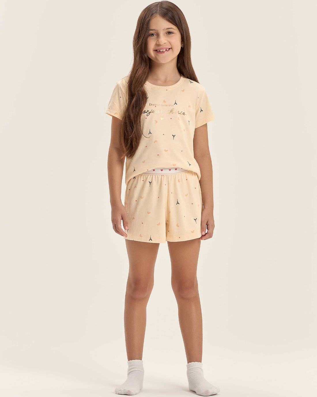 Pijama Feminino Infantil Manga Curta Com Shorts