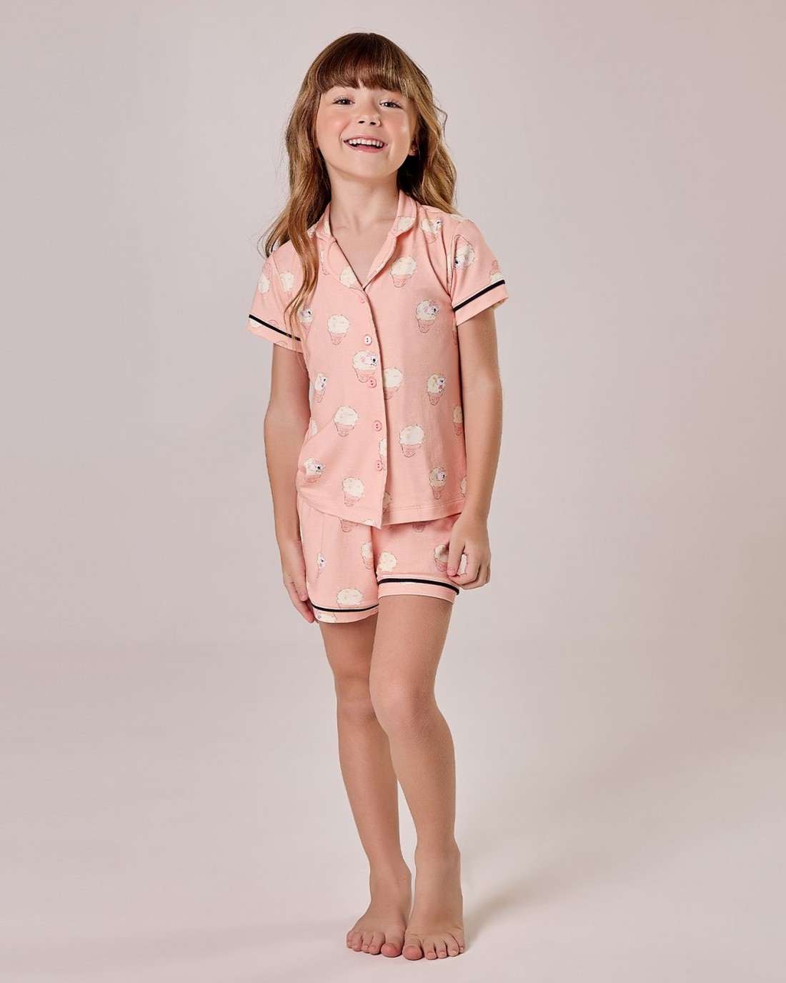 Pijama Feminino Infantil Manga Curta  Americano Com Shorts