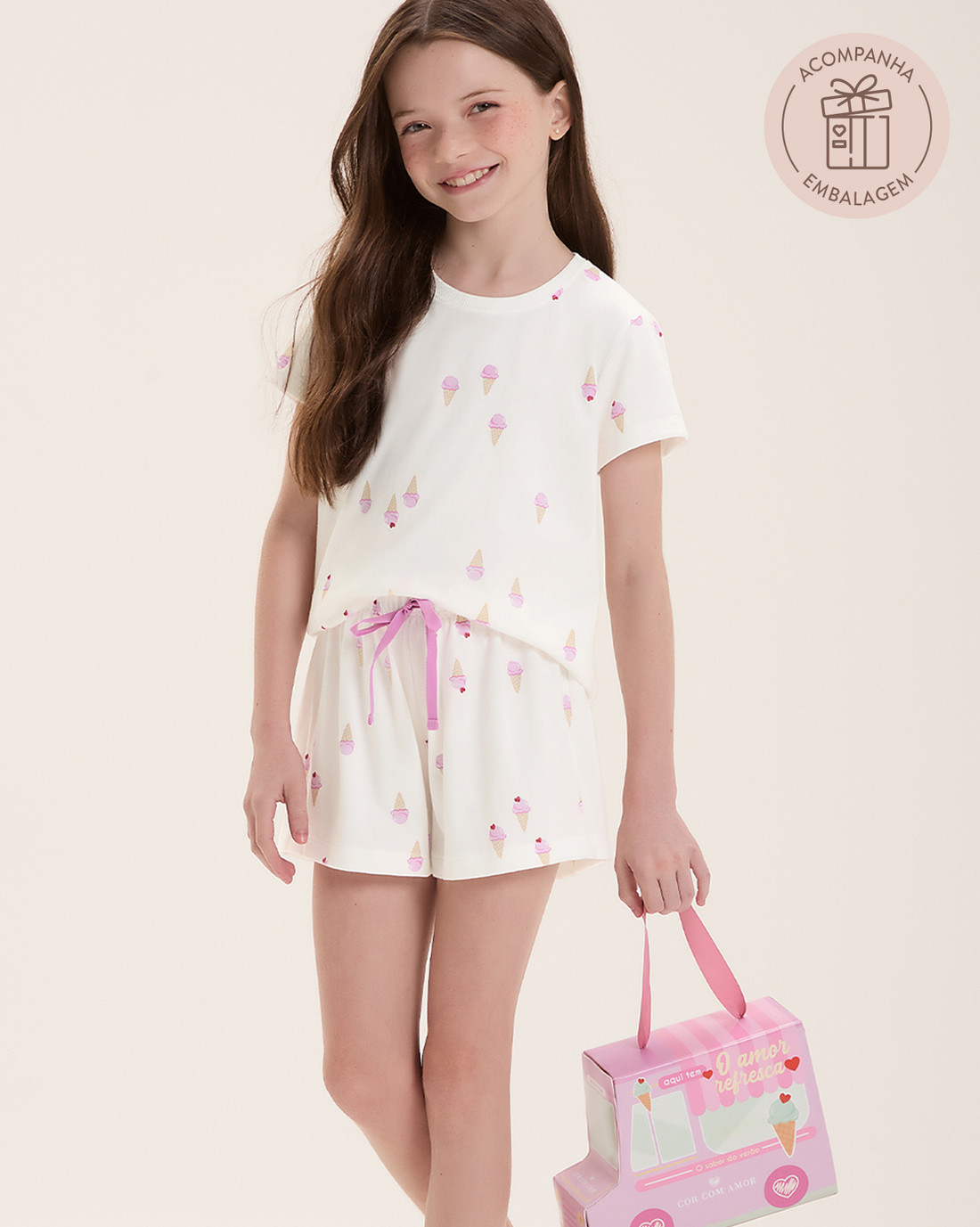 Pijama Infantil Feminino Manga Curta Com Shorts