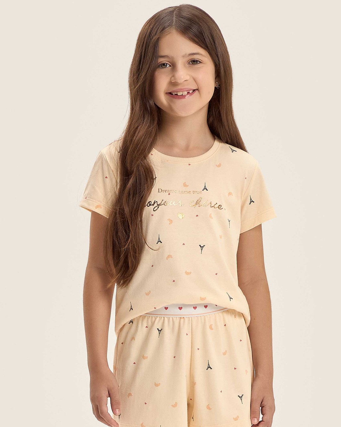 Pijama Feminino Infantil Manga Curta Com Shorts