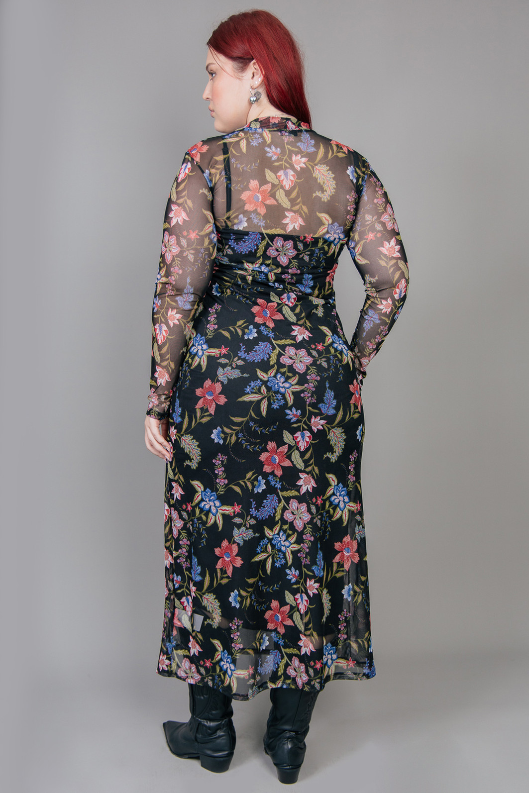 VESTIDO LONGO MANGA LONGA DE TULE ESTAMPADO FLORAL VESTIDO LONGO MANGA LONGA DE TULE ESTAMPADO FLORAL