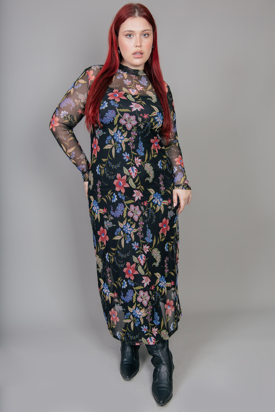 VESTIDO LONGO MANGA LONGA DE TULE ESTAMPADO FLORAL VESTIDO LONGO MANGA LONGA DE TULE ESTAMPADO FLORAL