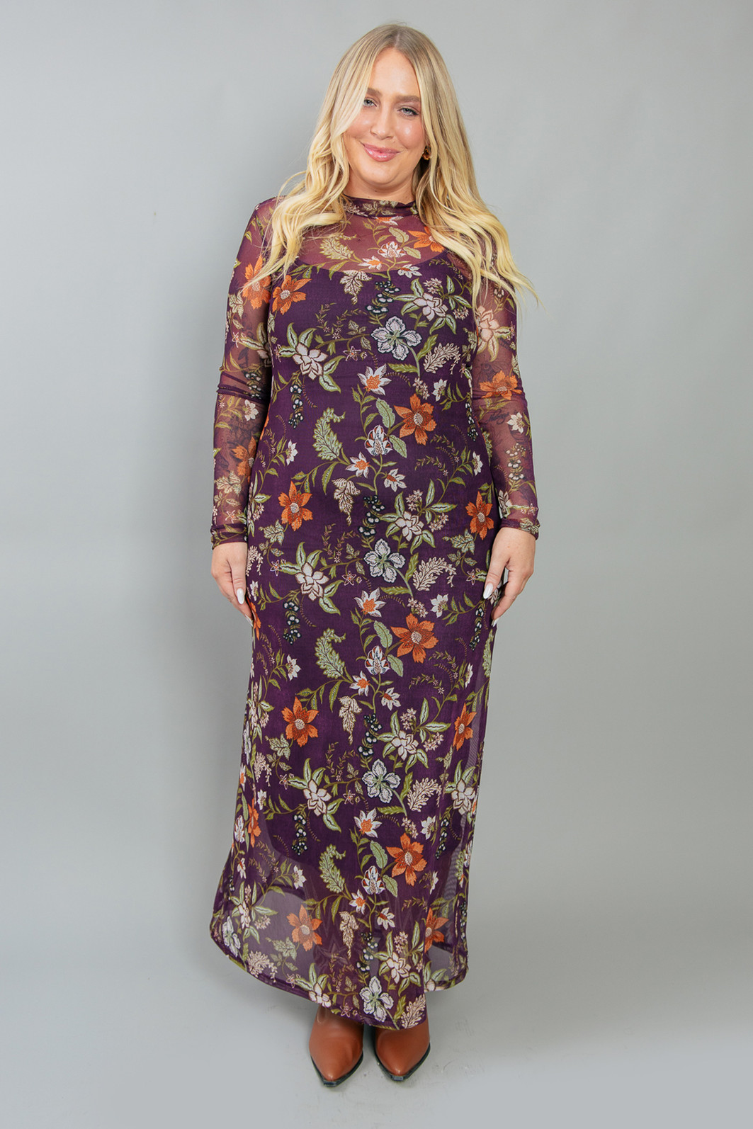 VESTIDO MANGA LONGA DE TULE ESTAMPADO FLORAL ROXO