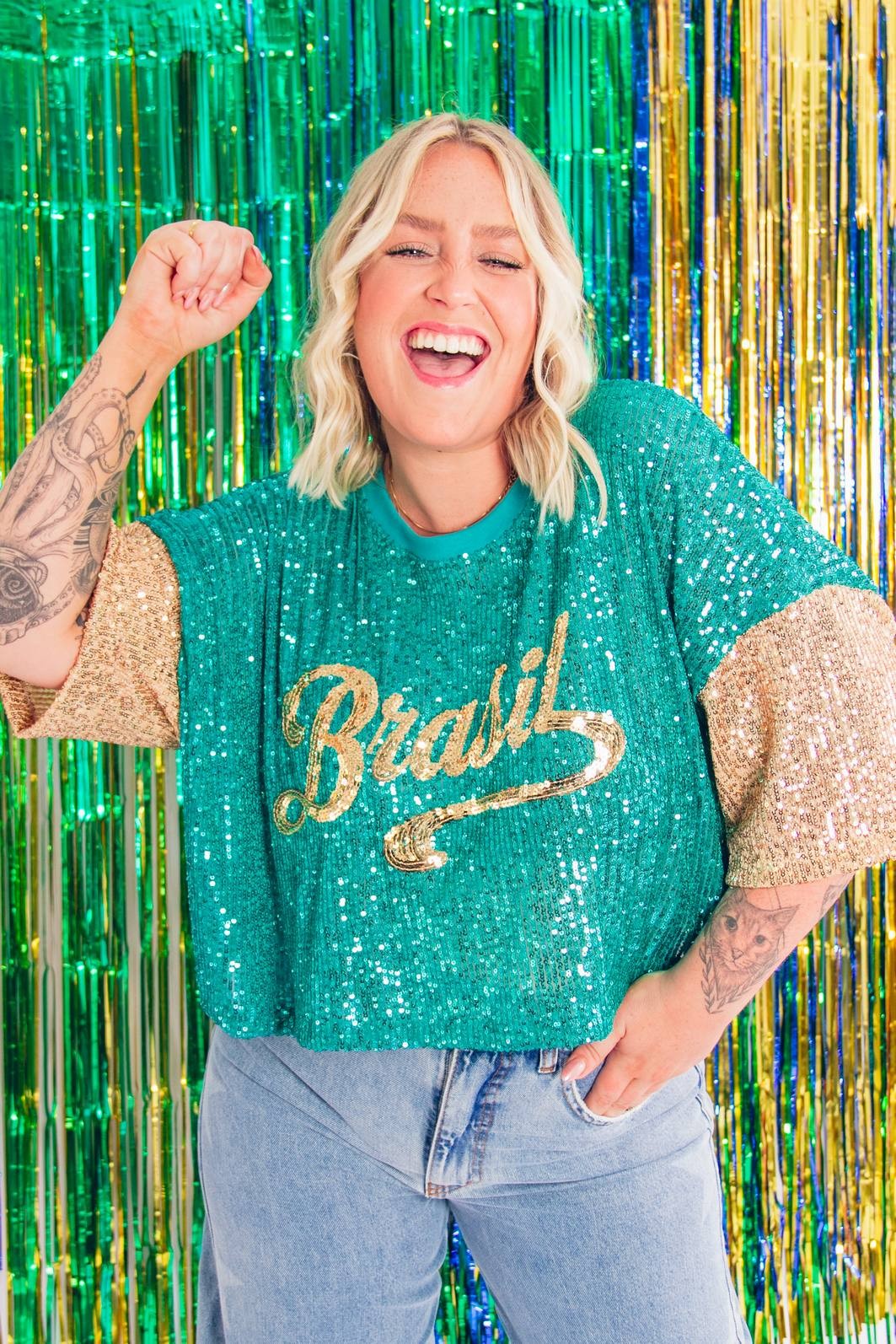 CROPPED PAETÊS VERDE BRASIL COM BORDADO