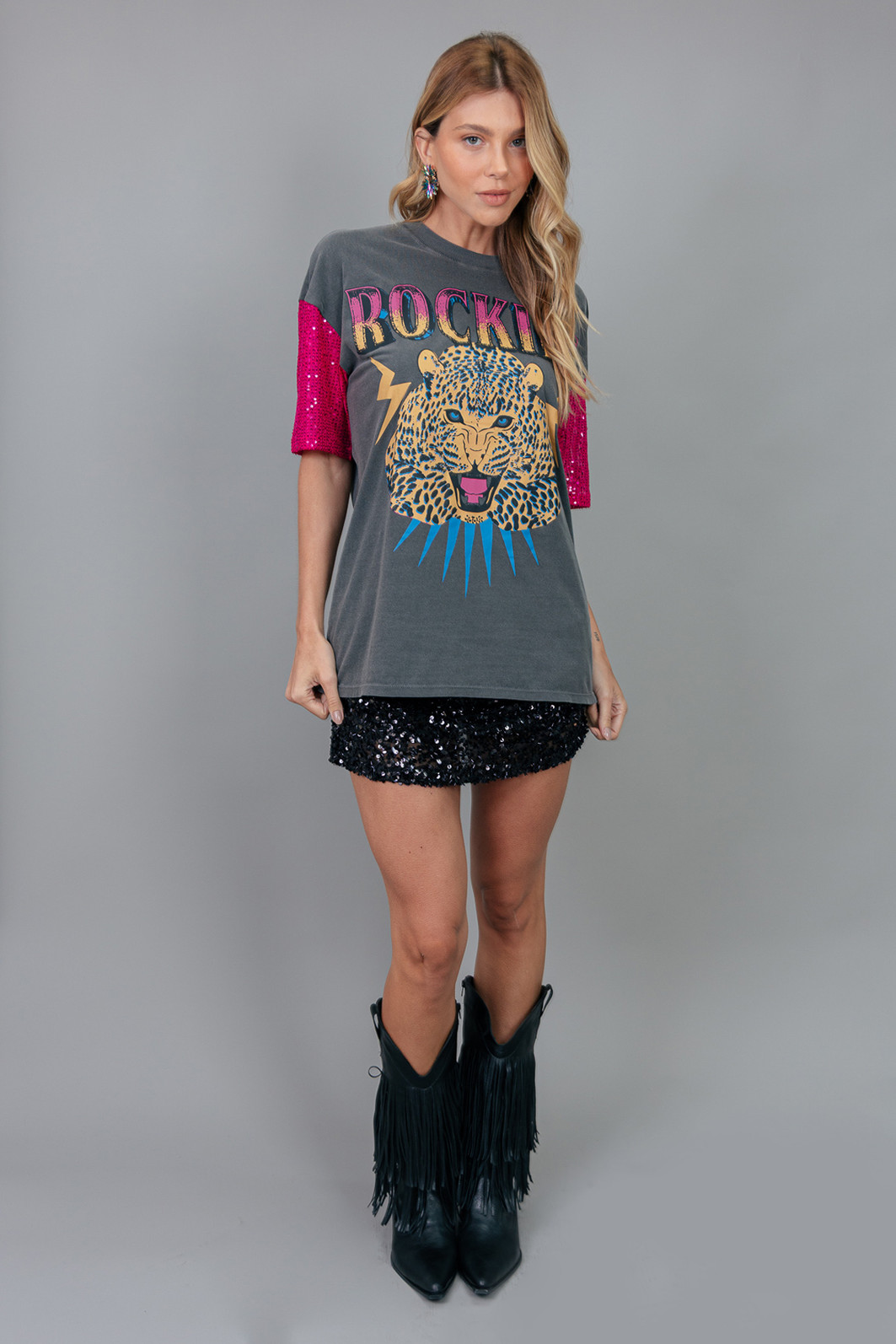 CAMISETA T-SHIRT VINTAGE CHUMBO COM MANGAS DE PAETÊ ROCKIES