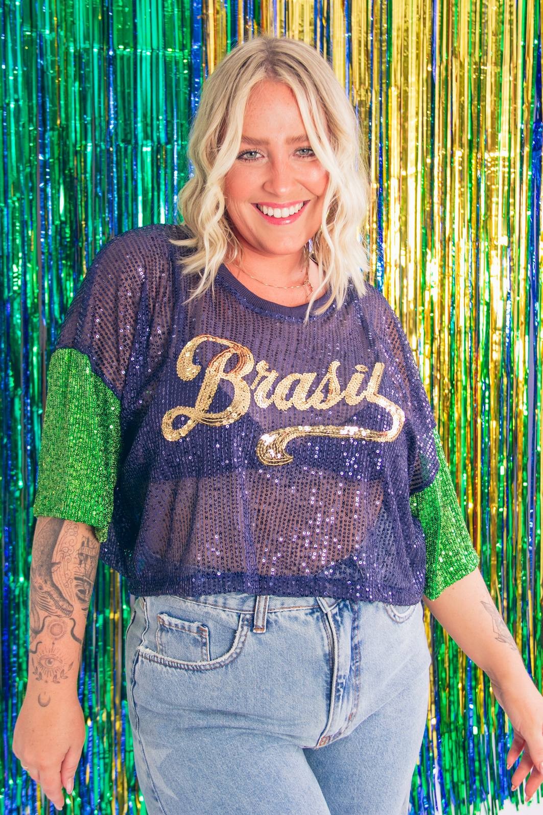 CROPPED PAETÊS MARINHO BRASIL COM BORDADO