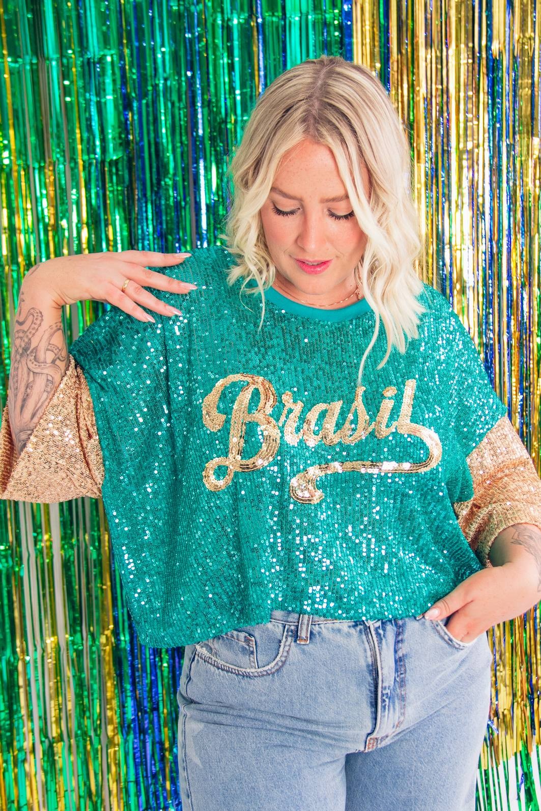 CROPPED PAETÊS VERDE BRASIL COM BORDADO